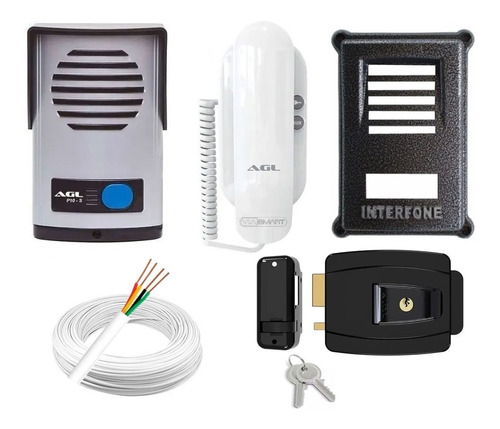 Kit Interfone Agl + Fechadura Elétrica + 20m Cabo + Protetor