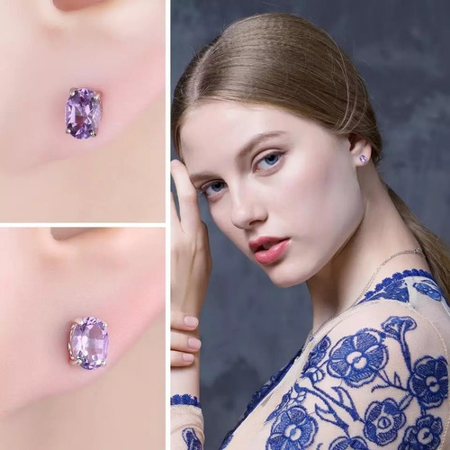 Imagen 2 de 6 de Aretes Topos Para Mujer Con Amatista Natural En Plata 925
