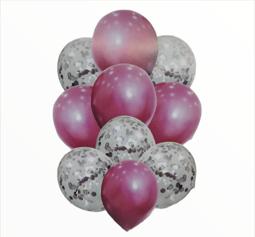 Set 10 Globos Fucsia Cristal Latex Confetti Apto Helio