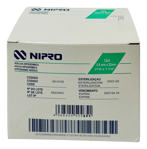 Aguja Hipodermica 21g X 1 1/4 Nipro Caja/100 Capacidad En Volumen 5 Ml 5 Ml