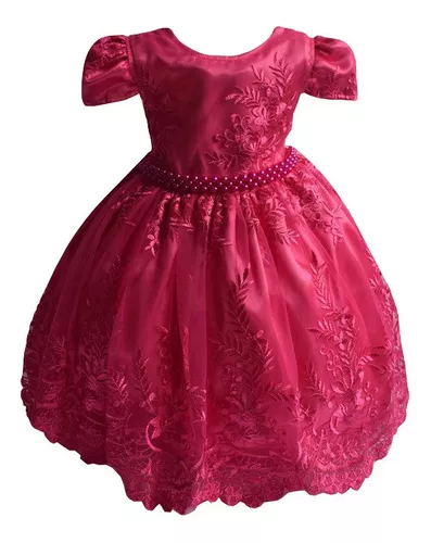 Vestido Infantil Vermelho Realeza Renda Luxo Festa Princesa - Rosa