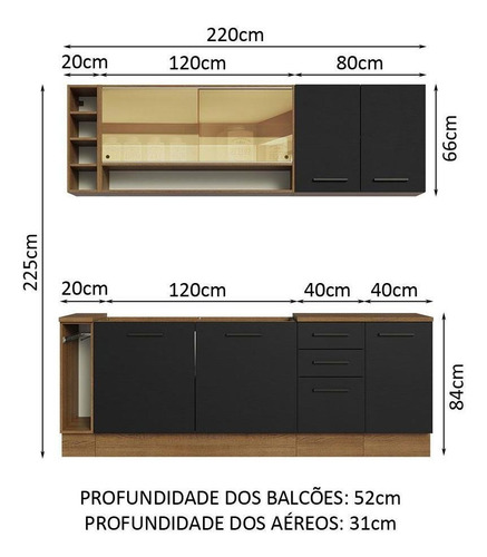 Armário De Cozinha Completa 220cm Rp Agata Da Thêmis Madesa Cor Rustic/Preto
