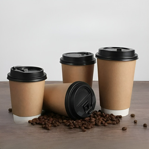Set 100 Vasos Desechables Kraft Vaso Doble Pared C/tapa 8oz