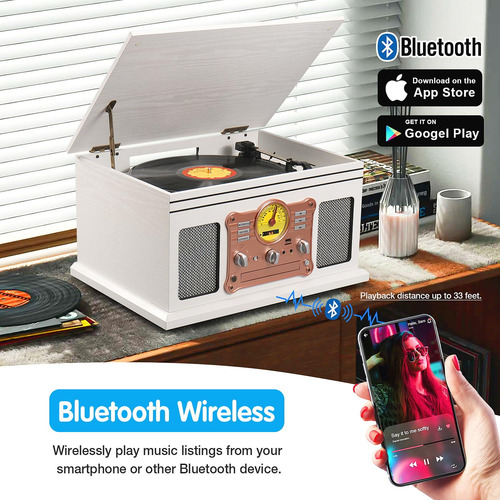 Tocadiscos Bluetooth Vintage 10 En 1 Madera Blanca