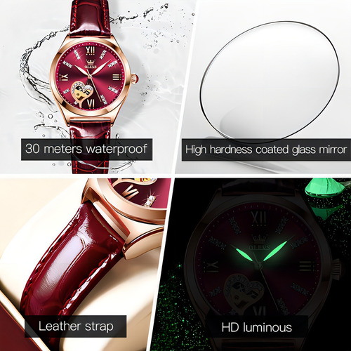 Reloj Mecánico De Cuero Para Mujer Olevs 6636 Color de la correa Wine red