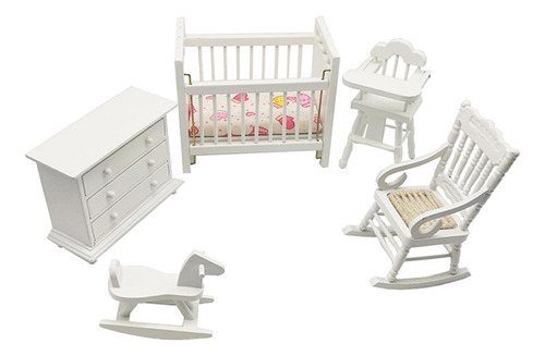 5 Piezas 1:12 Caballo Mecedora De + Muebles De Cuna Para