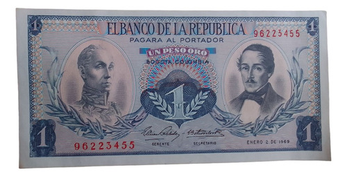 Billete Colombia 1 Peso Oro Enero 2 1969 Unc