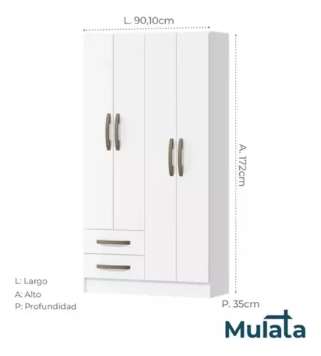 Ropero 4 Puertas Armario Placar Multiuso Ropería de 2 Cajones con Perchero Para todo espacio Blanco