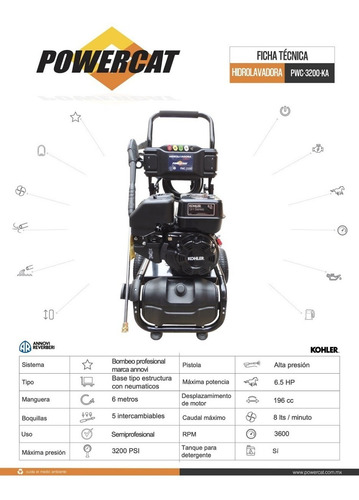 Hidrolavadora Gasolina Power Cat Motor Kohler 6.5hp 3200psi