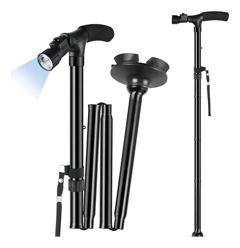 Baston Plegable Con Luz Mango En T Altura Ajustable Portatil Color Negro