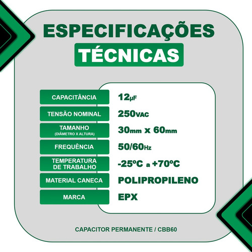 Capacitor Permanente 12uf 250v 2 Fios Cbb60 Motor Eletrico