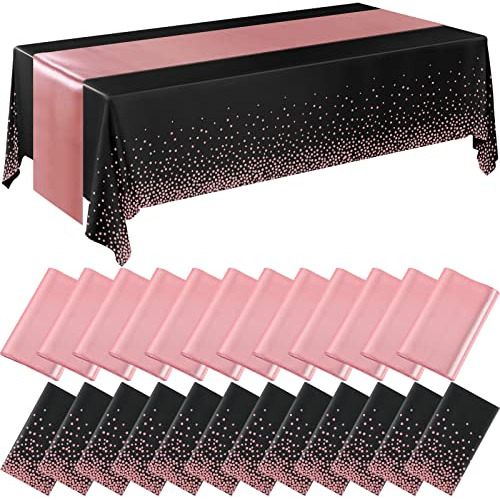 Manteles Y Caminos De Mesa Negro Con Rosa 12pzs 137x274cm