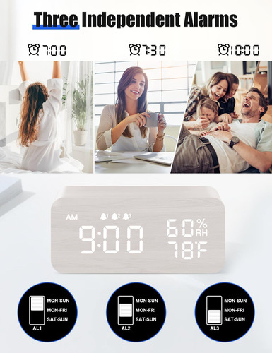 Reloj Despertador Digital De Madera Con Carga Inalámbrica, P