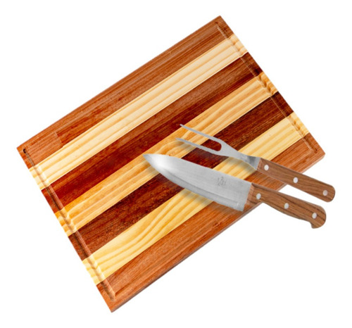 Kit Tábua De Corte De Carne 45cm Com Garfo E Faca Churrasco