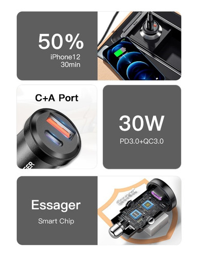 Cargador Carro Essager 30 W Carga Rapida Para iPhone 20w / Samsung 25w / Huawei 22.5w Otras Marcar Carga Rapida De 18 W Protocolos De Carga Rapida Pd 3.0 / Qc 3.0 / Fcp Scp / Afc Pps