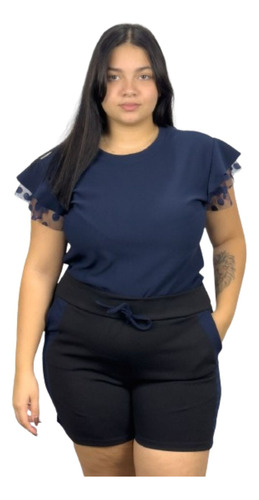 Conjunto Feminino Plus Size Shortdetalhe Na Manga Moda Plus 