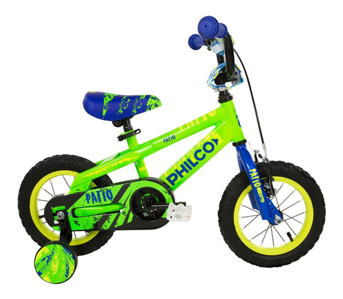 Bicicleta paseo infantil Philco Patio R12 frenos v-brakes color verde/azul con ruedas de entrenamiento  