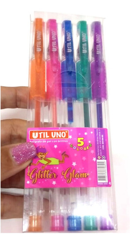 Boligrafo Tipo Roller Tinta Gel Glitter C/brillos Pack X 5 U