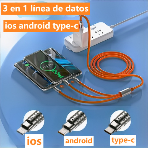 Cable 3 En 1 Para Iphone Tipo C Y Micro Usb 120w 1.2m Naranja