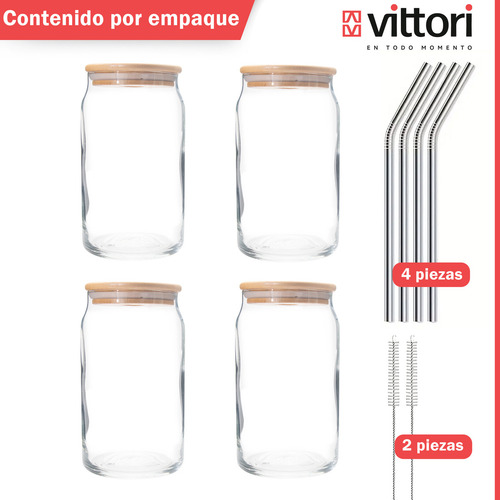 Set 4 Vasos Lata Vidrio Con Tapa De Bambú Y Popote De Metal Color cristalino