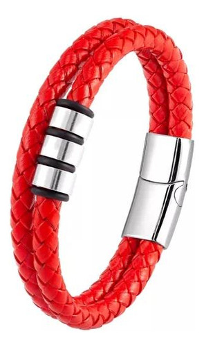 Pulsera Hombre Cuero Rojo Broche Acero Iman 