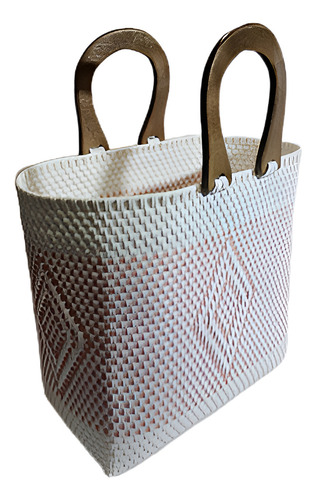Bolsa Toquilla Rosa Cremita Blanco Forma Rombo Mango Madera