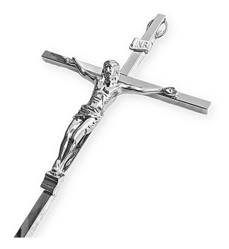 Crucifixo Parede Moderno Cruz Metal Prata Alto Brilho 30cm