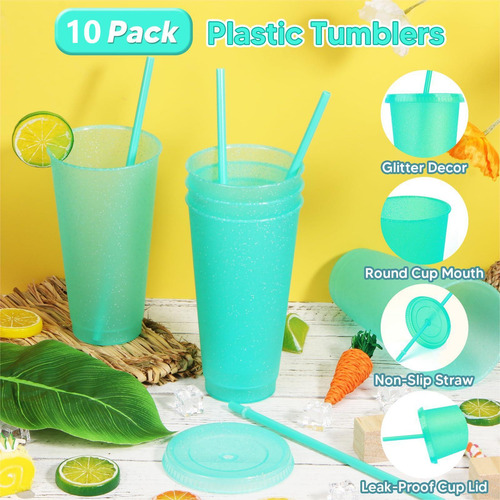 Vasos Reutilizables De 24 Oz Con Tapa Y Popote, 15 Piezas Color Verde Lago