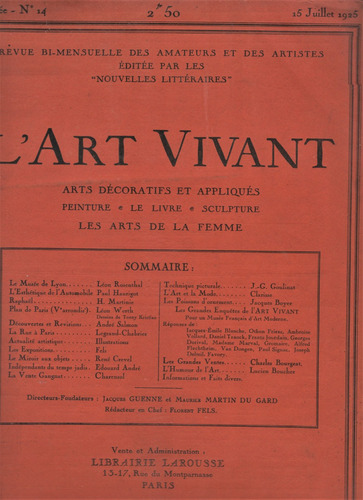 Revista / L' Art Vivant Nro. 14 ( Paris 1925 )