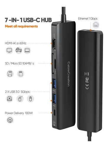 Hub Usb C Con Ethernet, Cablecreation 7 En 1 Hdmi Usb C Con 7 En 1 Negro.