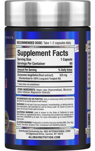 Suplemento Longjack Tongkat Ali Allmax 60 Cápsulas Veganas Sin Sabor