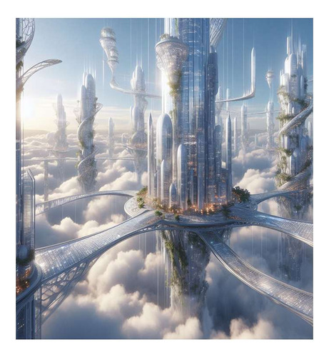 Vinilo 60x60cm Ciudad Nubes Futurista Cristal Futuro M3
