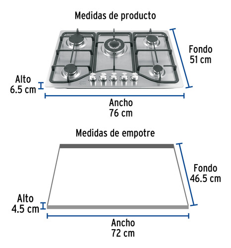 Parrilla Gas Empotrable 5 Quemadores Acero Inox Foset 48316