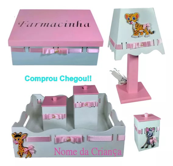 Kit Quarto Coisas Higiene Bebê Madeira Mdf Com Nome - Temas