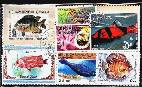 100 Estampillas Diferentes Mundiales Peces Y Fauna Marina