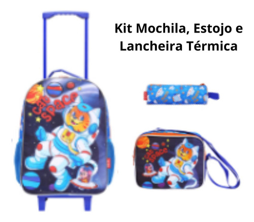 Mochila Infantil Rodinhas Lancheira E Estojo Cat Space Azul