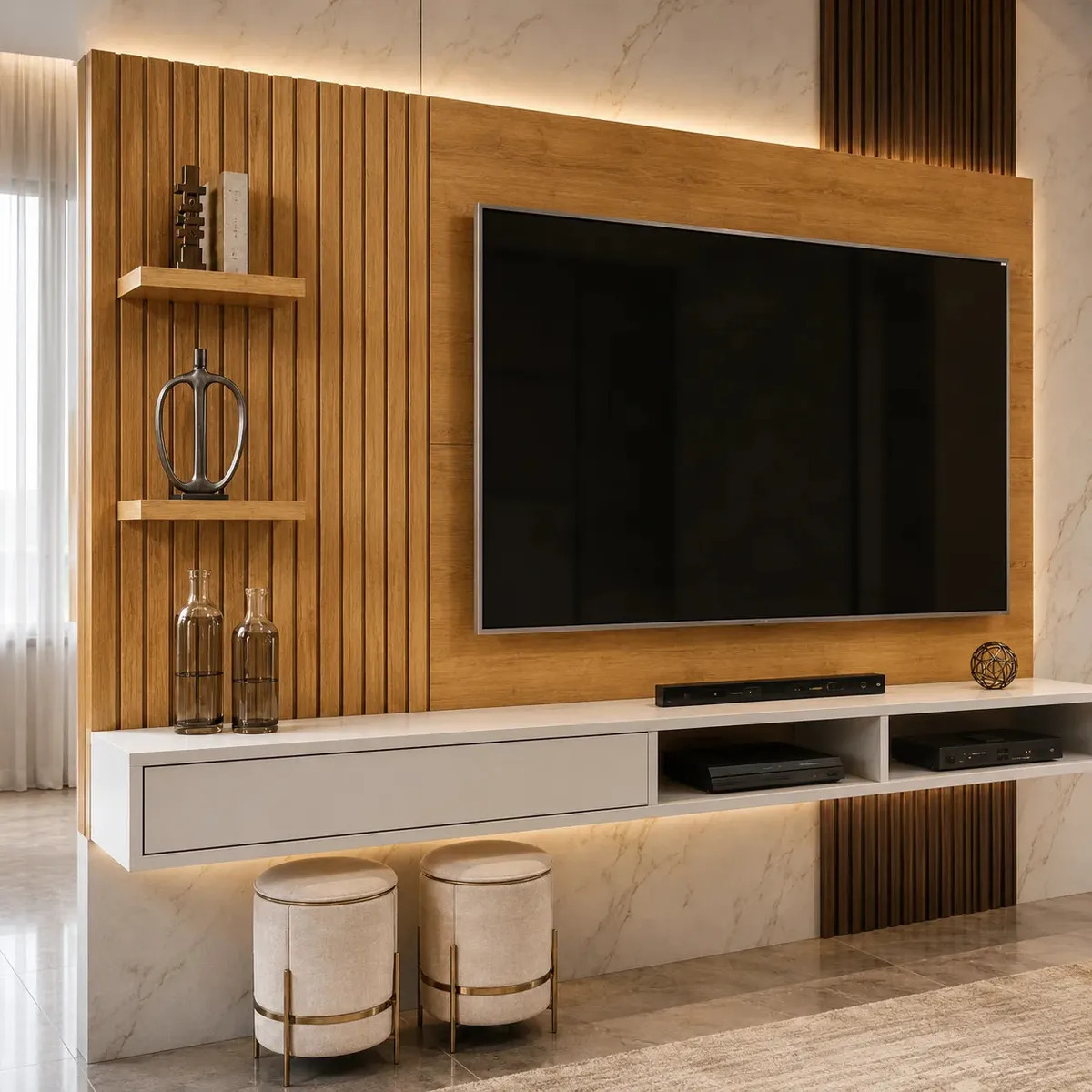 Painel Bancada Suspensa Lisboa 190cm Tv Até 60 Polegadas Ripado Com Nichos 1 Porta Inova Móveis Design Moderno Cor Cedro/Bali