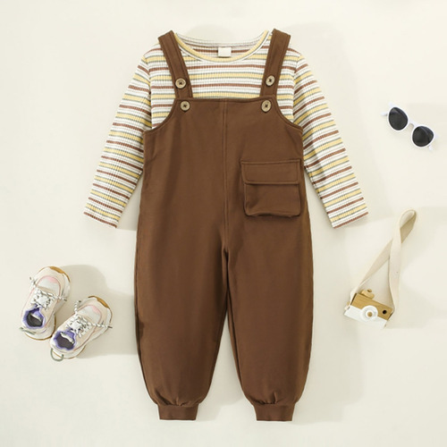 2pcs Conjunto Tierno Para Niños Con Pantalones De Tirantes Marrón 5-6 A