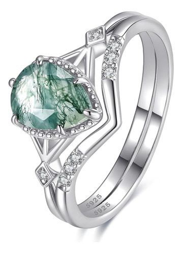 Natural Moss Agate Engagement Ring Set For Women 925 Sterlin