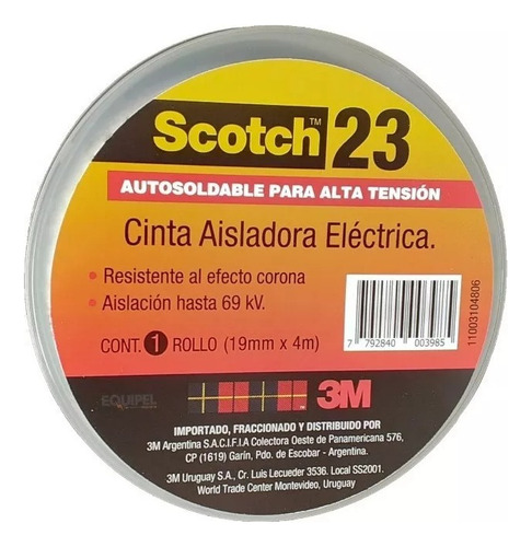 Cinta Autosoldable Scotch 23 3m 19mm 4mts Media Tension Color Negro