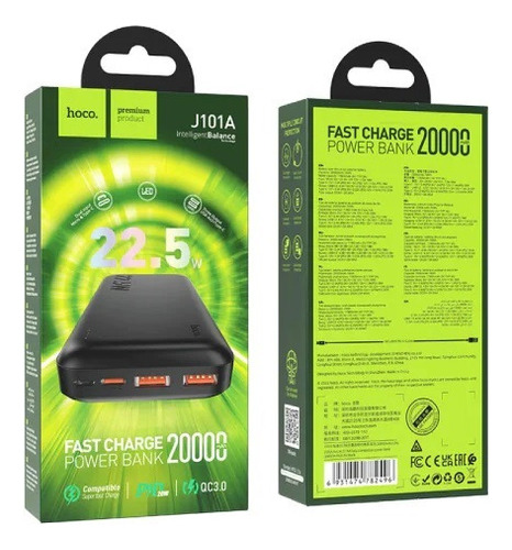 Power Bank 20000 Bateria Portatil Super Carga 22.5w Hoco Color Negro
