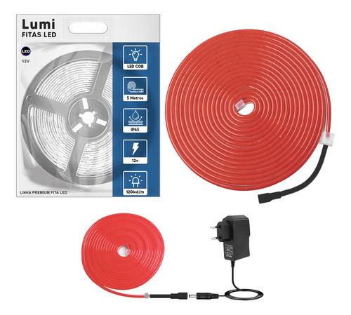 Mangueira De Fita Led Neon Lumi 5m Flexível 12v A Prova D'água Vermelho Com Fonte Alimentaçao