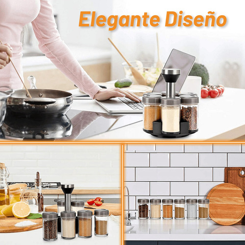 Especiero Giratorio Moderno 360 Kimhi Con 6 Frascos De Vidrio Acero Inoxidable Organizador De Especias Multiusos Para Cocina Color Negro