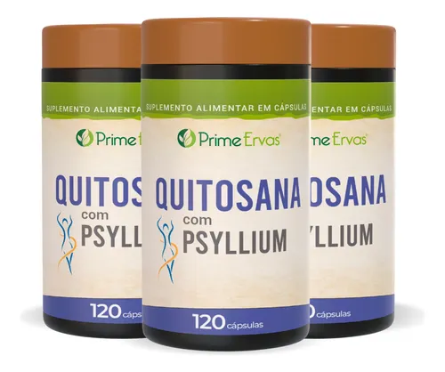 3 Potes Quitosana Com Psyllium 120 Cápsulas 500mg
