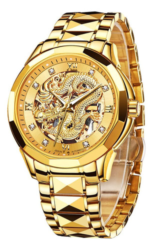 Reloj Mecánico De Lujo Con Dragón Oro Y Diamantes 50m Resist