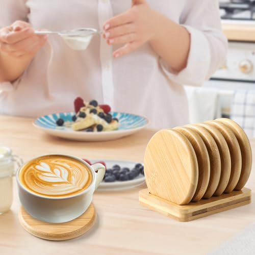 Set De Posavasos De Madera - 6 Posavasos Para Mesa 1 Soporte