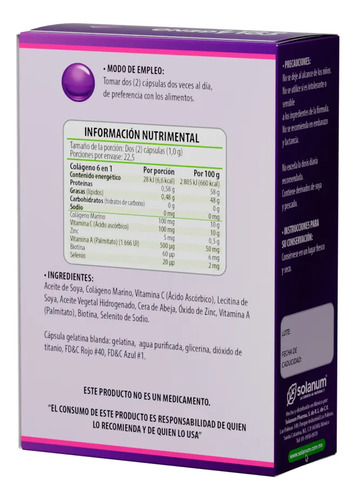 Solanum Colágeno 6 En 1 Vit.c, Zinc, Vit. A 45 Caps Sfn
