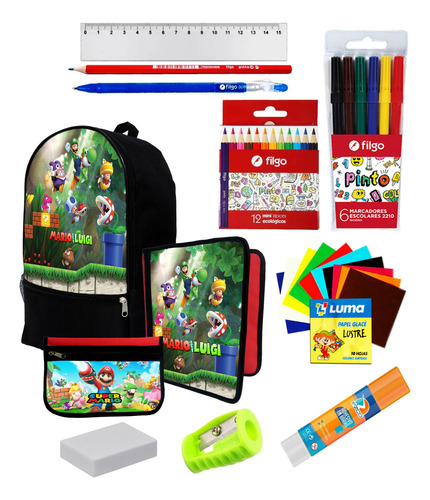 Super Set Mochila + Utiles De Super Mario Bros  C320