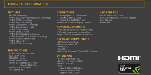 Zotac Geforce Gtx 960 2gb Gddr5 Pci Express 3.0 Hdmi Dvi Dis
