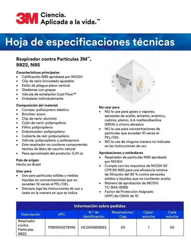 Respirador 3m N95 9822 Con Válvula X 5 Unid.